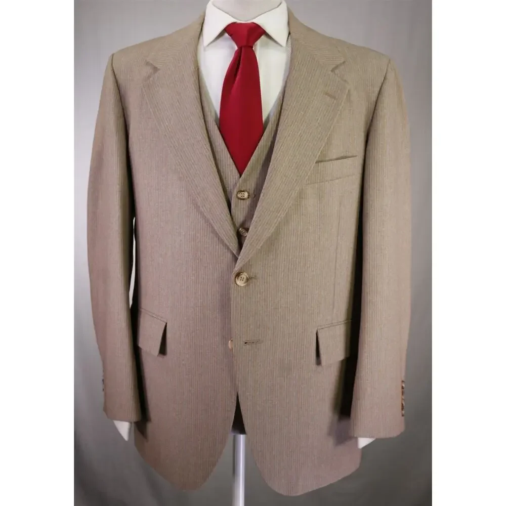 Vintage 1970s Brown Pinstripe 3-Piece Polyester Disco Flared Pants Suit 44R